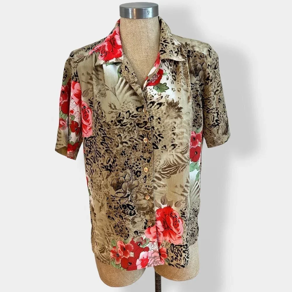 Vintage DonnKenny Animal Print Floral‎ Button Up Shirt PM